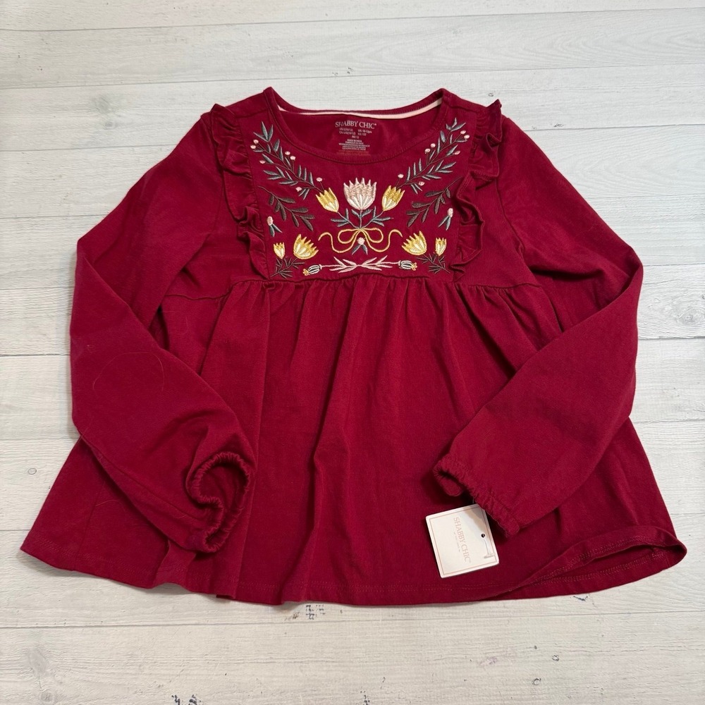 Shabby chic girls‎ red embroidered floral long sleeve shirt 10/12 NEW